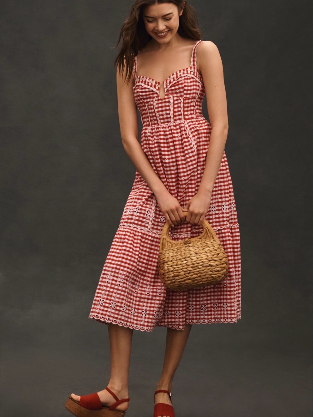 Anthropologie Red Gingham Midi Dress with Scallop trim NWT